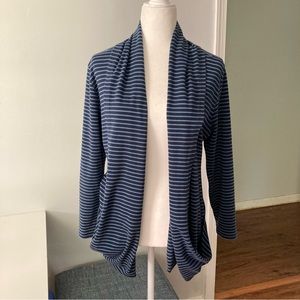 The Company Store Blue Striped Pima Cotton Open Front Long Sleeve Cardigan